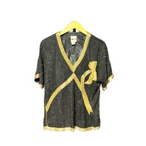 Leslie Fay vintage silk beaded blouse black gold bow design rare medium